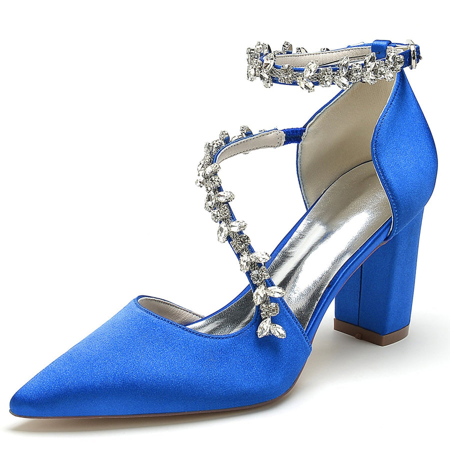 Damen Abendschuhe aus Seidensatin mit Knöchelriemen und Strasssteinen, geschlossene Zehenpartie, klobiger Absatz