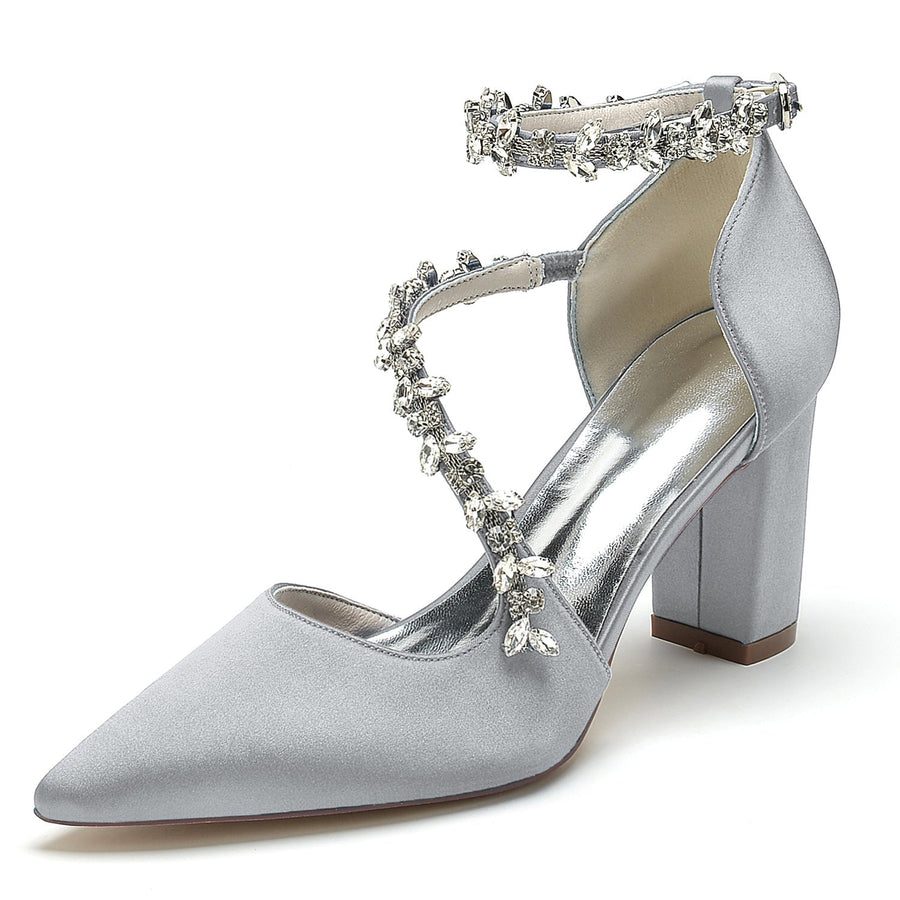 Damen Abendschuhe aus Seidensatin mit Knöchelriemen und Strasssteinen, geschlossene Zehenpartie, klobiger Absatz
