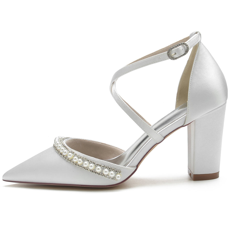 Damen Seidensatin mit Knöchelriemen Perle Strass Geschlossene Zehenpartie Blockabsatz Hochzeitsschuhe