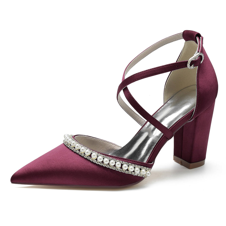 Damen Seidensatin mit Knöchelriemen Perle Strass Geschlossene Zehenpartie Blockabsatz Hochzeitsschuhe