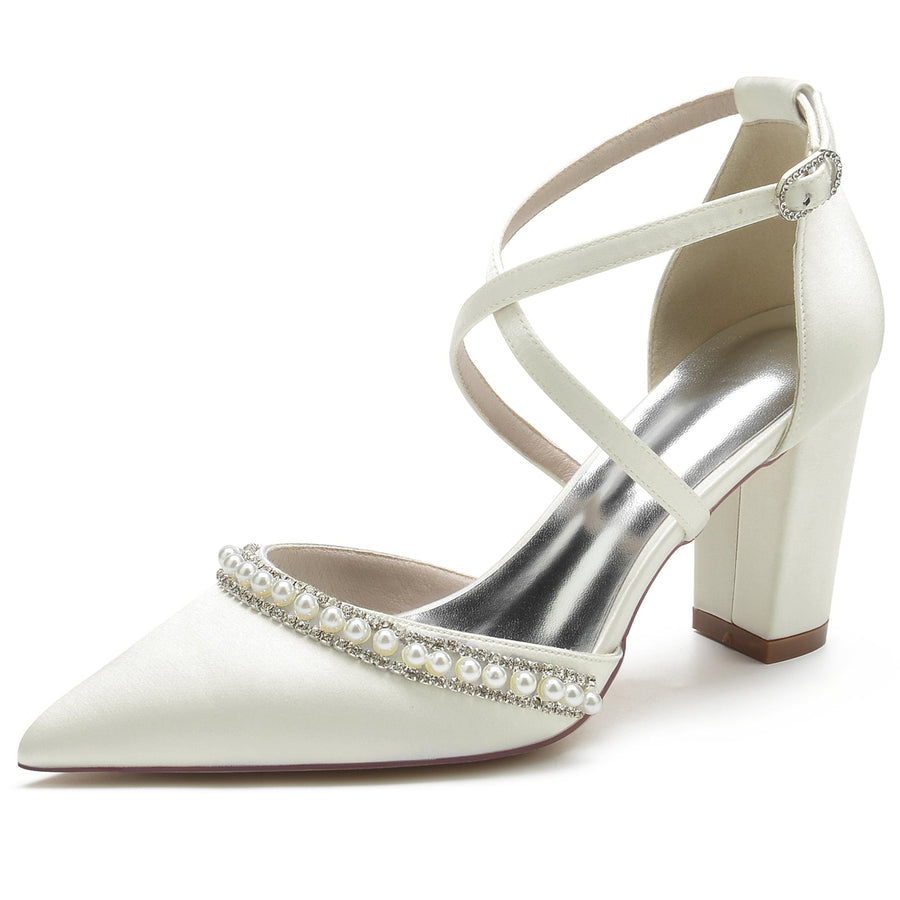 Damen Seidensatin mit Knöchelriemen Perle Strass Geschlossene Zehenpartie Blockabsatz Hochzeitsschuhe