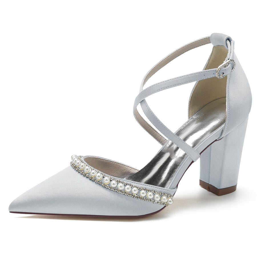Damen Seidensatin mit Knöchelriemen Perle Strass Geschlossene Zehenpartie Blockabsatz Hochzeitsschuhe