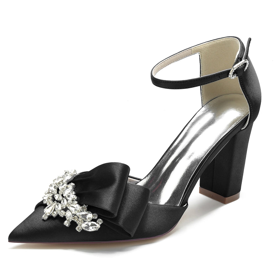 Damen Seidensatin Knöchelriemen Strass Geschlossene Zehenpartie Blockabsatz Partyschuhe