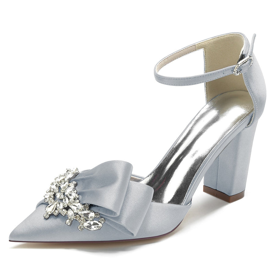 Damen Seidensatin Knöchelriemen Strass Geschlossene Zehenpartie Blockabsatz Partyschuhe