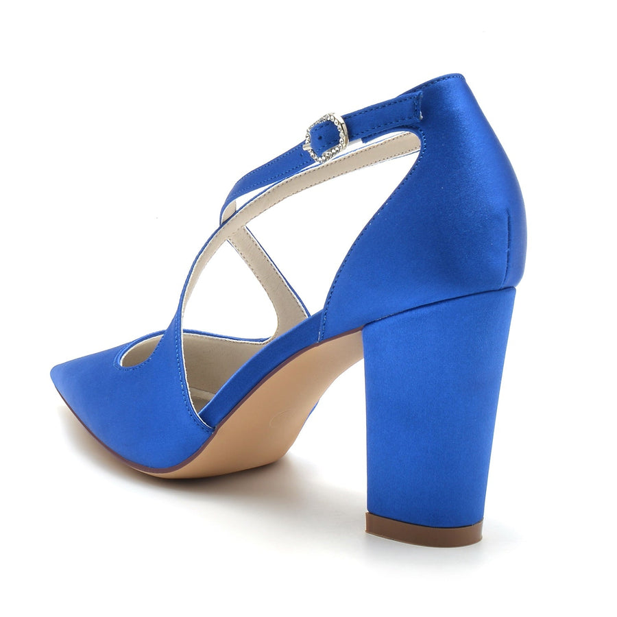 Damen Seidensatin mit Knöchelriemen Geschlossene Zehenpartie Blockabsatz Partyschuhe