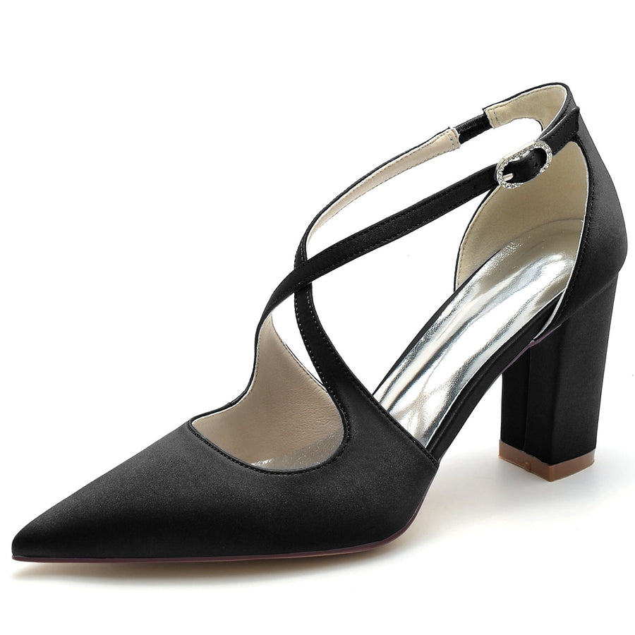 Damen Seidensatin mit Knöchelriemen Geschlossene Zehenpartie Blockabsatz Partyschuhe