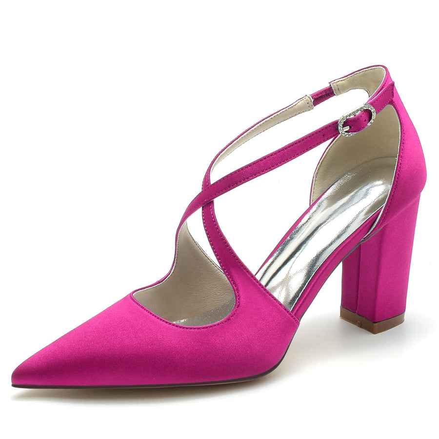 Damen Seidensatin mit Knöchelriemen Geschlossene Zehenpartie Blockabsatz Partyschuhe