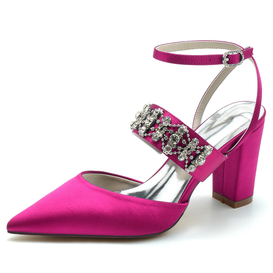 Damen Abendschuhe aus Seide mit Knöchelriemen und Satin und Strasssteinen, geschlossene Zehenpartie, klobiger Absatz