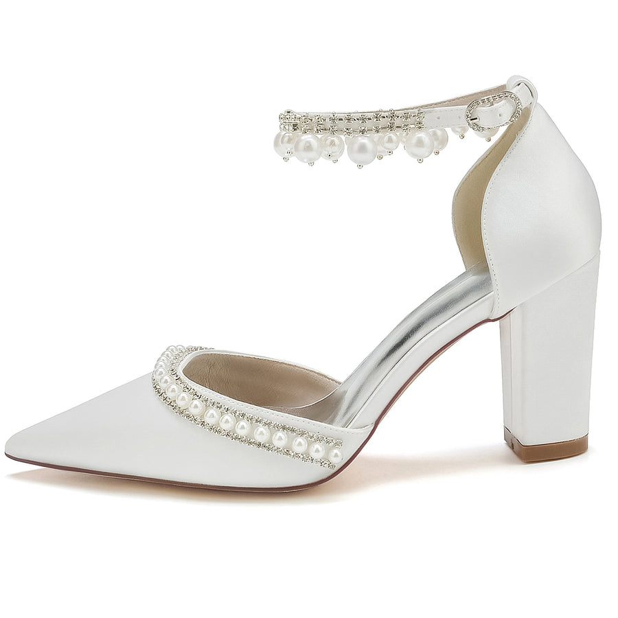 Damen Seidensatin mit Knöchelriemen Perlen Strass Quaste Geschlossene Zehenpartie Blockabsatz Abendschuhe