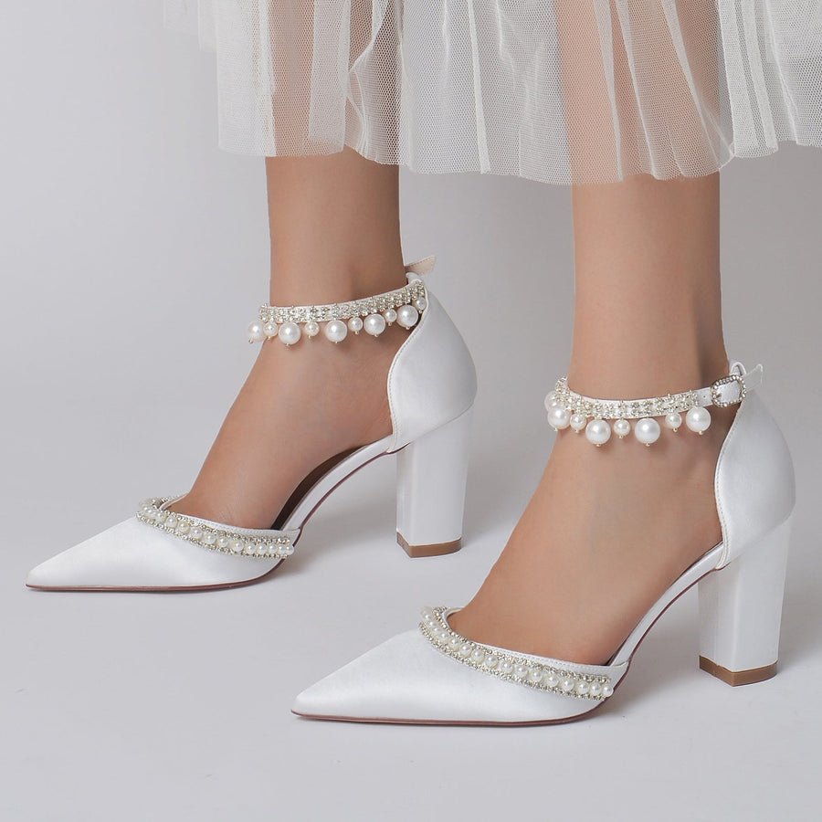 Damen Seidensatin mit Knöchelriemen Perlen Strass Quaste Geschlossene Zehenpartie Blockabsatz Abendschuhe
