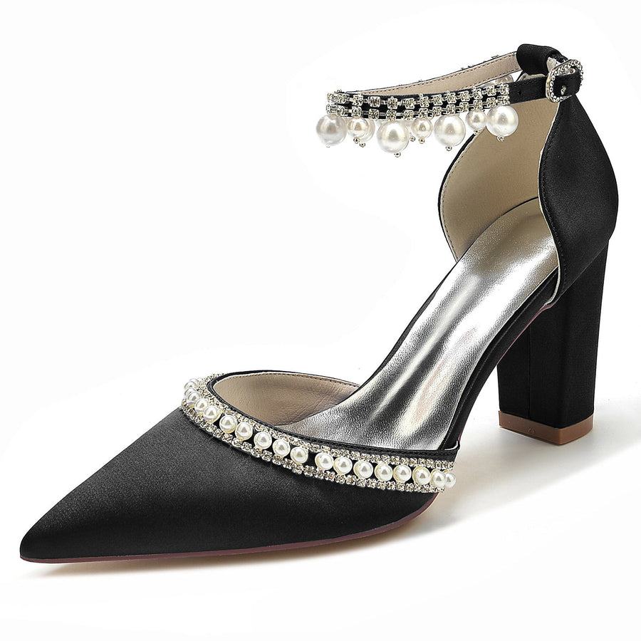 Damen Seidensatin mit Knöchelriemen Perlen Strass Quaste Geschlossene Zehenpartie Blockabsatz Abendschuhe