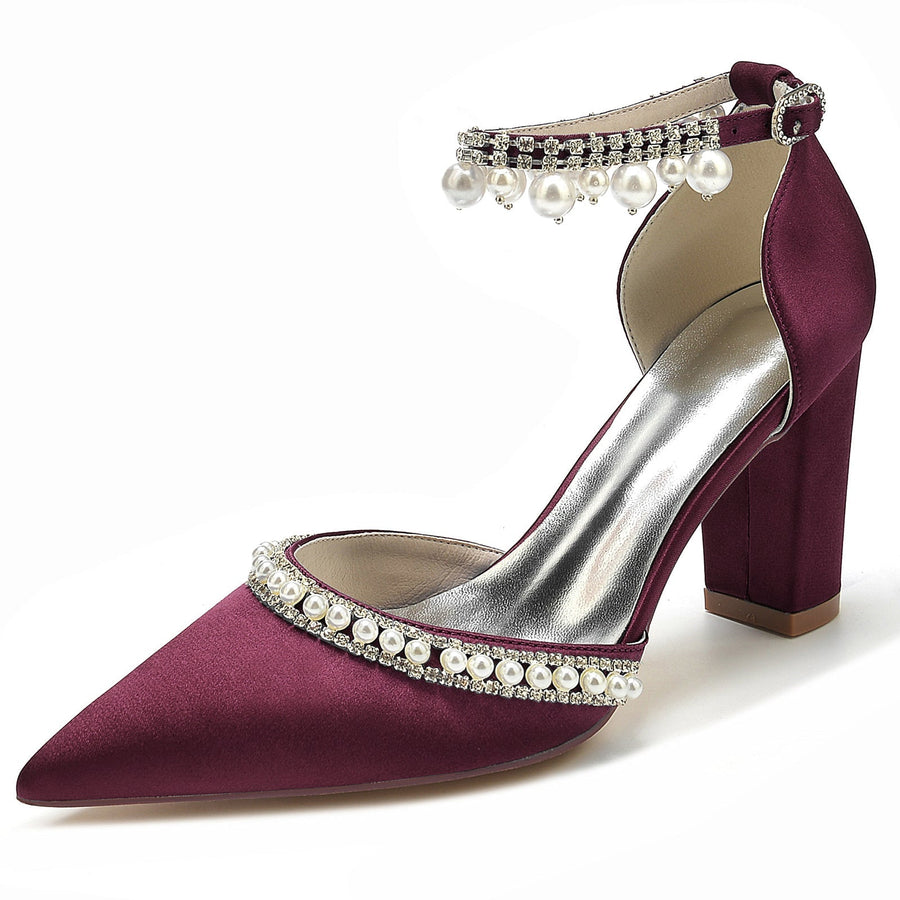 Damen Seidensatin mit Knöchelriemen Perlen Strass Quaste Geschlossene Zehenpartie Blockabsatz Abendschuhe
