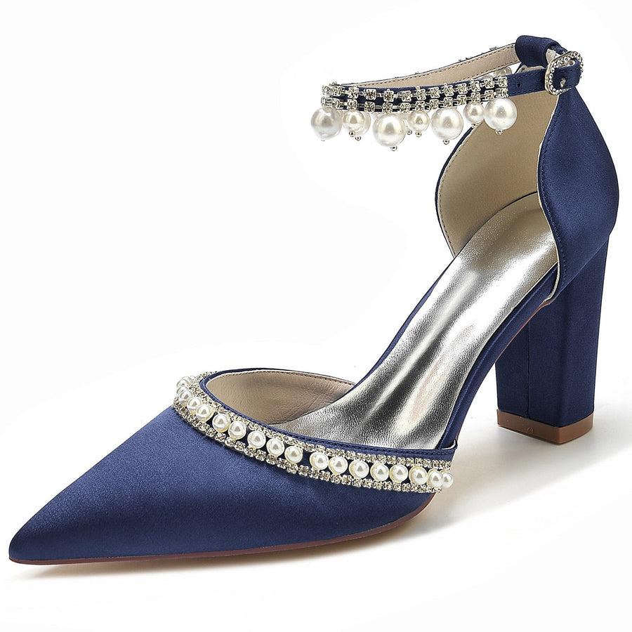 Damen Seidensatin mit Knöchelriemen Perlen Strass Quaste Geschlossene Zehenpartie Blockabsatz Abendschuhe