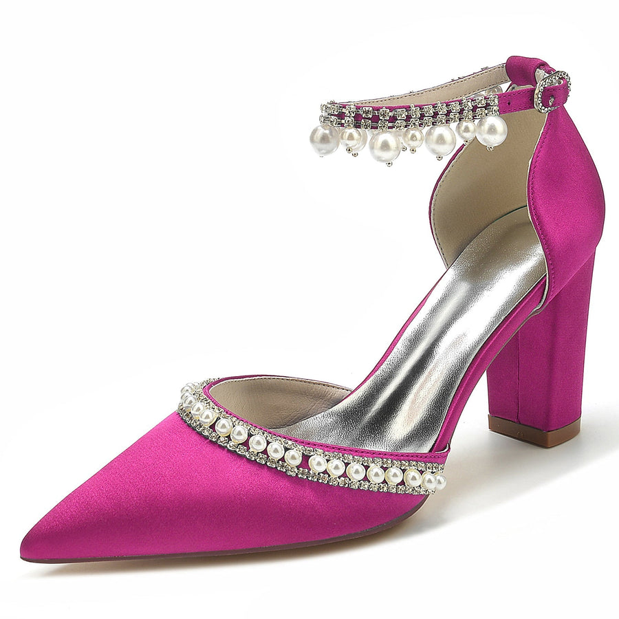 Damen Seidensatin mit Knöchelriemen Perlen Strass Quaste Geschlossene Zehenpartie Blockabsatz Abendschuhe