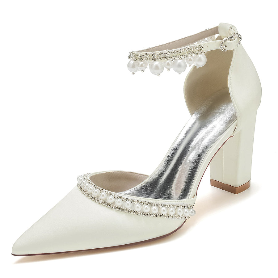 Damen Seidensatin mit Knöchelriemen Perlen Strass Quaste Geschlossene Zehenpartie Blockabsatz Abendschuhe