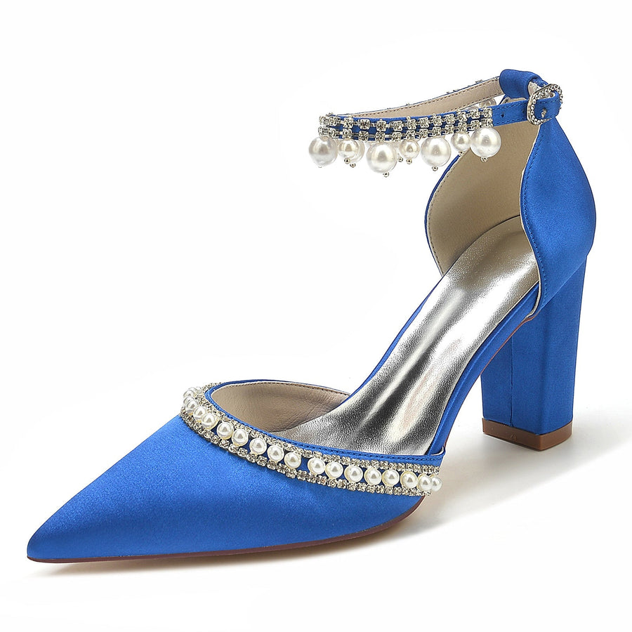 Damen Seidensatin mit Knöchelriemen Perlen Strass Quaste Geschlossene Zehenpartie Blockabsatz Abendschuhe