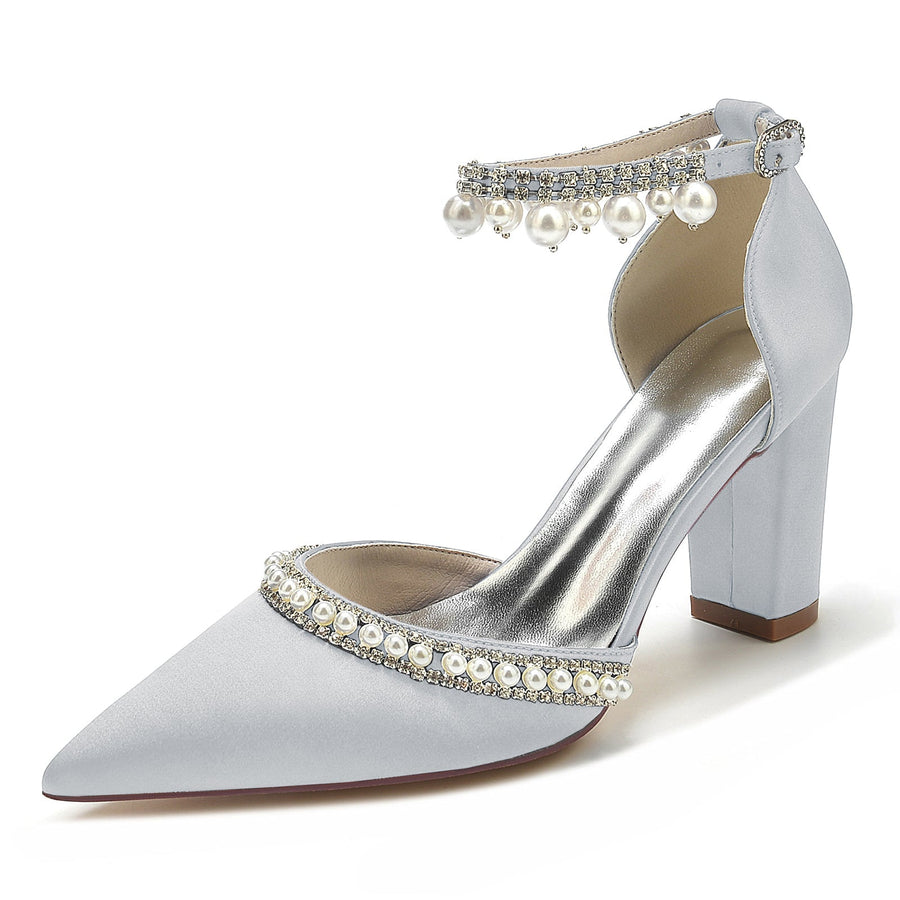 Damen Seidensatin mit Knöchelriemen Perlen Strass Quaste Geschlossene Zehenpartie Blockabsatz Abendschuhe