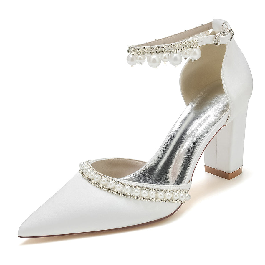 Damen Seidensatin mit Knöchelriemen Perlen Strass Quaste Geschlossene Zehenpartie Blockabsatz Abendschuhe