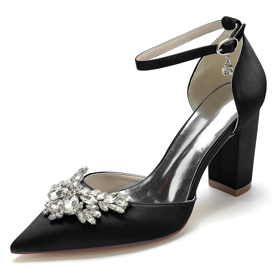 Damen Knöchelriemen Seidensatin mit Strass Geschlossene Zehenpartie Blockabsatz Hochzeitsschuhe
