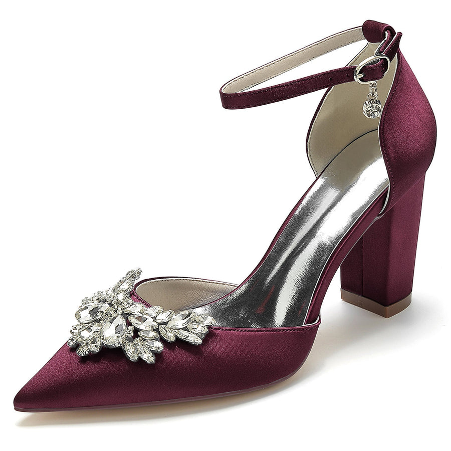 Damen Knöchelriemen Seidensatin mit Strass Geschlossene Zehenpartie Blockabsatz Hochzeitsschuhe