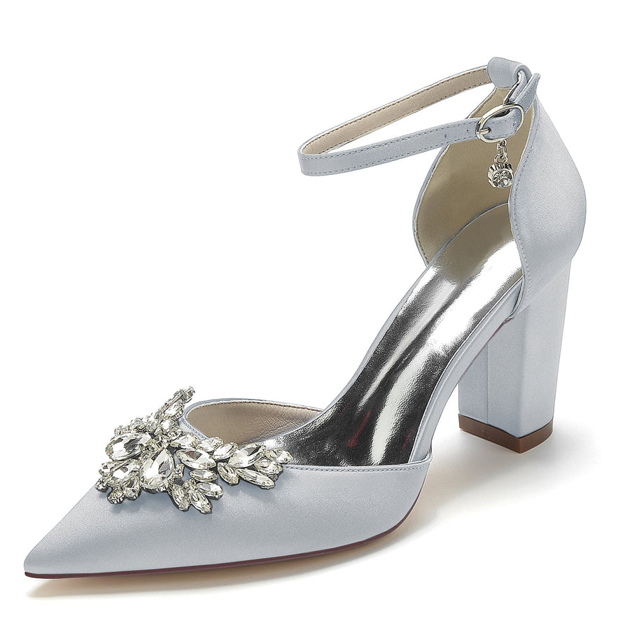 Damen Knöchelriemen Seidensatin mit Strass Geschlossene Zehenpartie Blockabsatz Hochzeitsschuhe