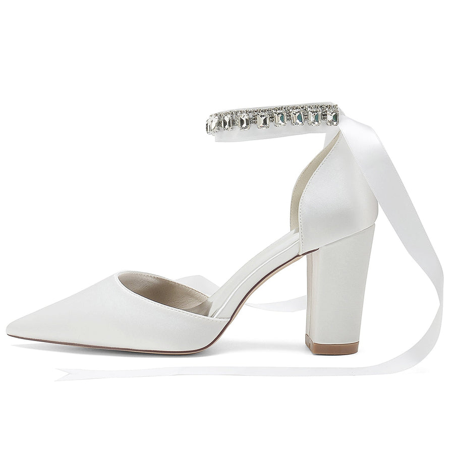 Damen Abendschuhe aus Seidensatin mit Knöchelriemen, Schnürung, geschlossener Spitze und klobigem Absatz