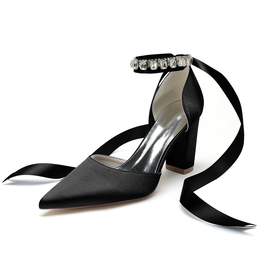 Damen Abendschuhe aus Seidensatin mit Knöchelriemen, Schnürung, geschlossener Spitze und klobigem Absatz