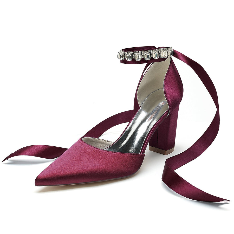 Damen Abendschuhe aus Seidensatin mit Knöchelriemen, Schnürung, geschlossener Spitze und klobigem Absatz