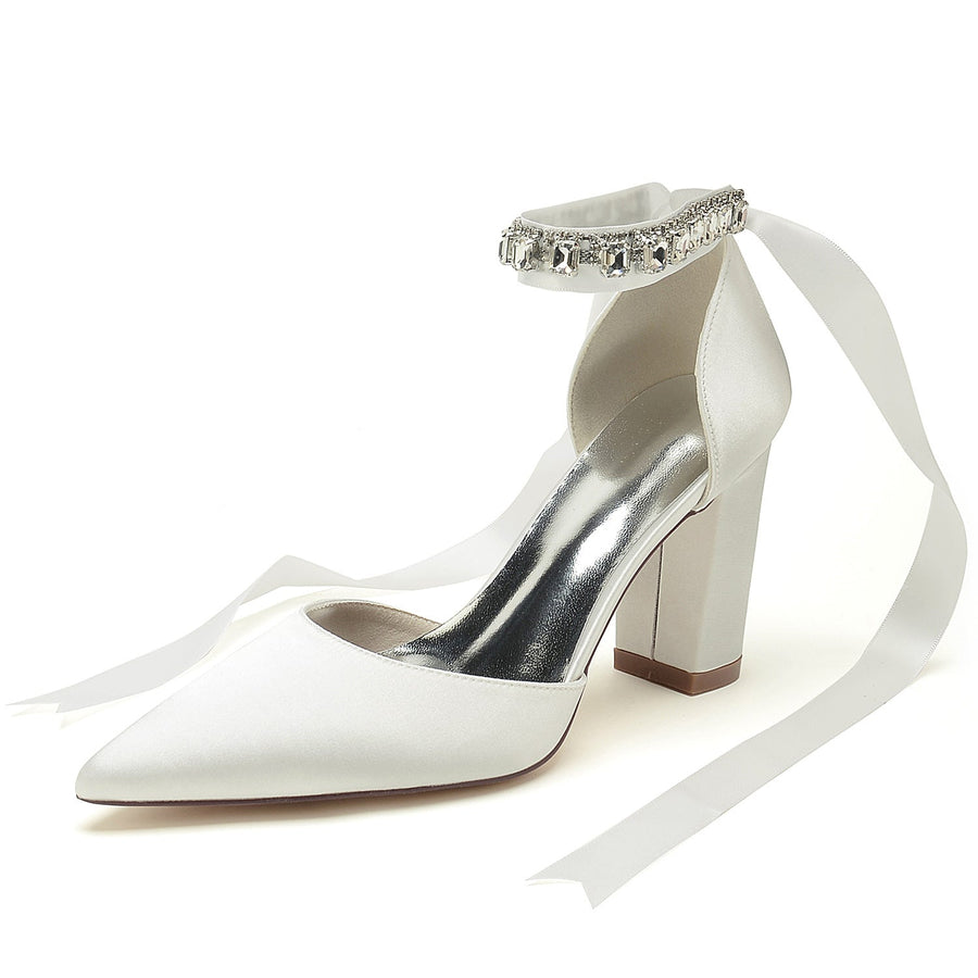 Damen Abendschuhe aus Seidensatin mit Knöchelriemen, Schnürung, geschlossener Spitze und klobigem Absatz