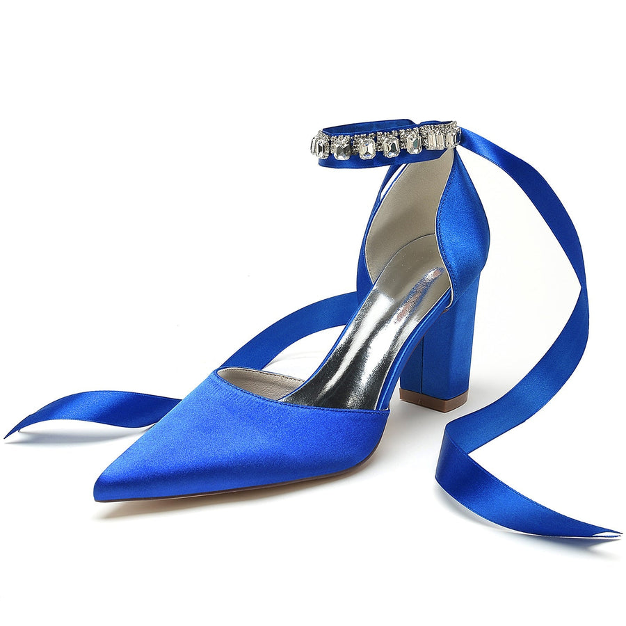 Damen Abendschuhe aus Seidensatin mit Knöchelriemen, Schnürung, geschlossener Spitze und klobigem Absatz