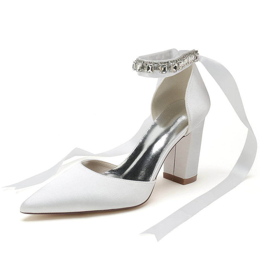 Damen Abendschuhe aus Seidensatin mit Knöchelriemen, Schnürung, geschlossener Spitze und klobigem Absatz