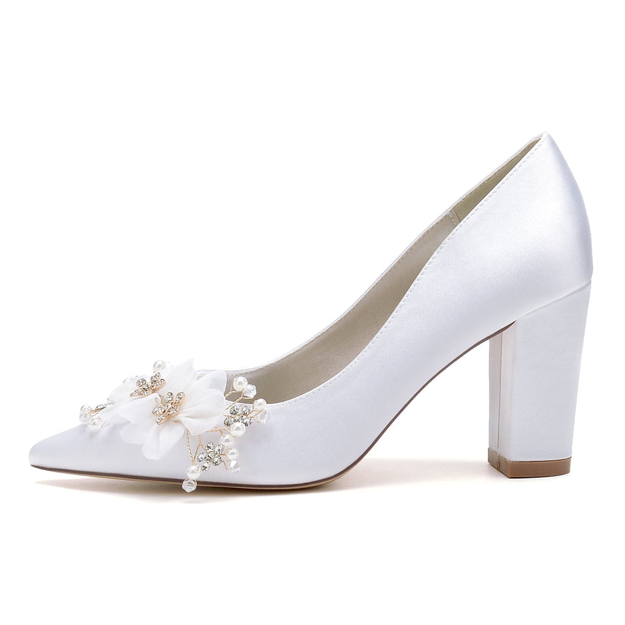 Damen Blockabsatz Seidensatin Mit Blume Geschlossene Zehe Hochzeitsschuhe