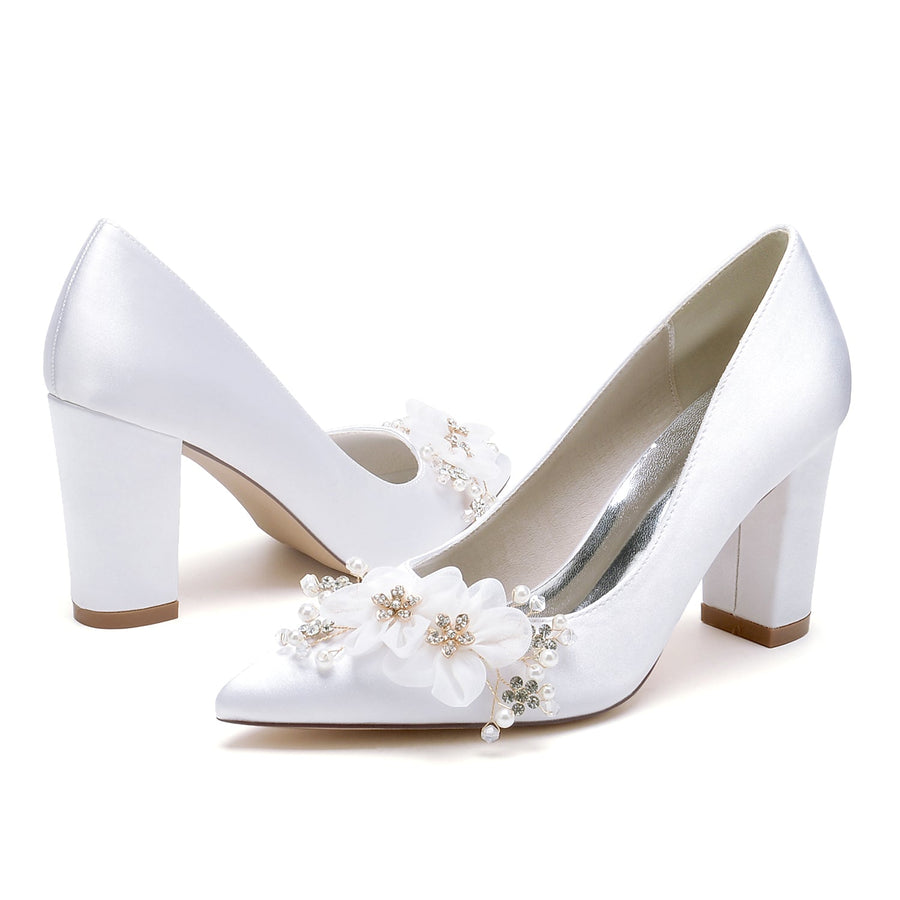 Damen Blockabsatz Seidensatin Mit Blume Geschlossene Zehe Hochzeitsschuhe