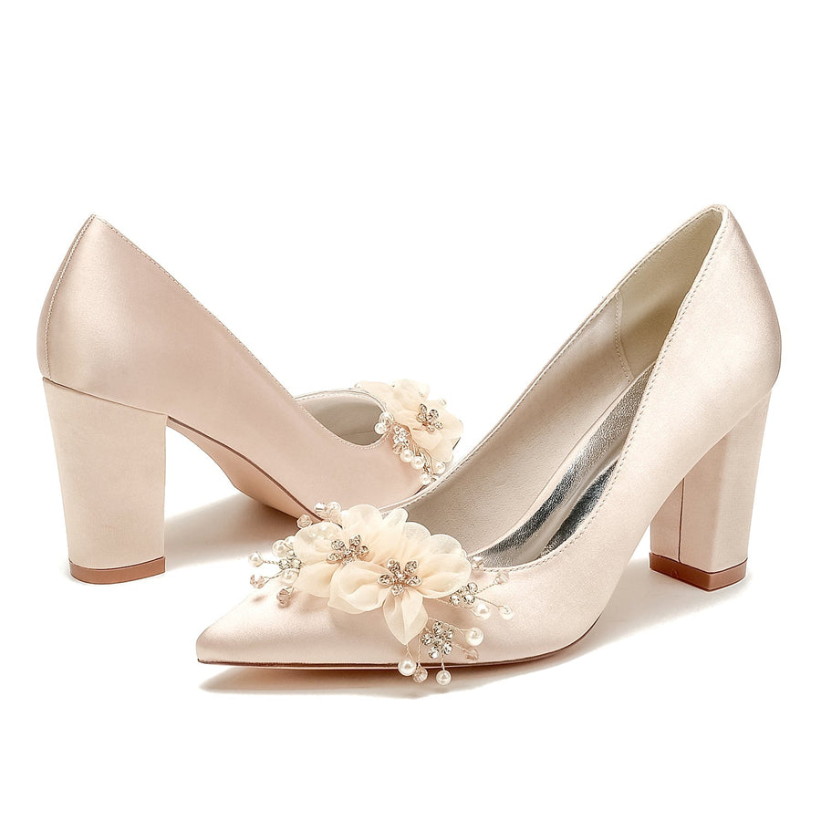 Damen Blockabsatz Seidensatin Mit Blume Geschlossene Zehe Hochzeitsschuhe