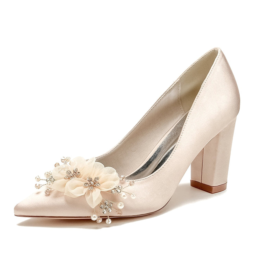 Damen Blockabsatz Seidensatin Mit Blume Geschlossene Zehe Hochzeitsschuhe