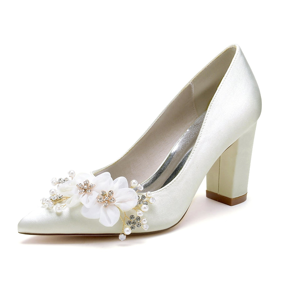 Damen Blockabsatz Seidensatin Mit Blume Geschlossene Zehe Hochzeitsschuhe