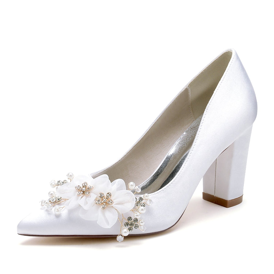 Damen Blockabsatz Seidensatin Mit Blume Geschlossene Zehe Hochzeitsschuhe