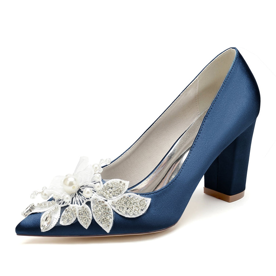 Damen Seidensatin mit Blumen-Strass Geschlossene Zehenpartie Blockabsatz Abendschuhe
