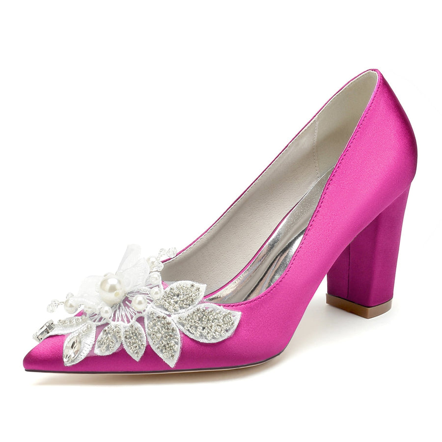 Damen Seidensatin mit Blumen-Strass Geschlossene Zehenpartie Blockabsatz Abendschuhe