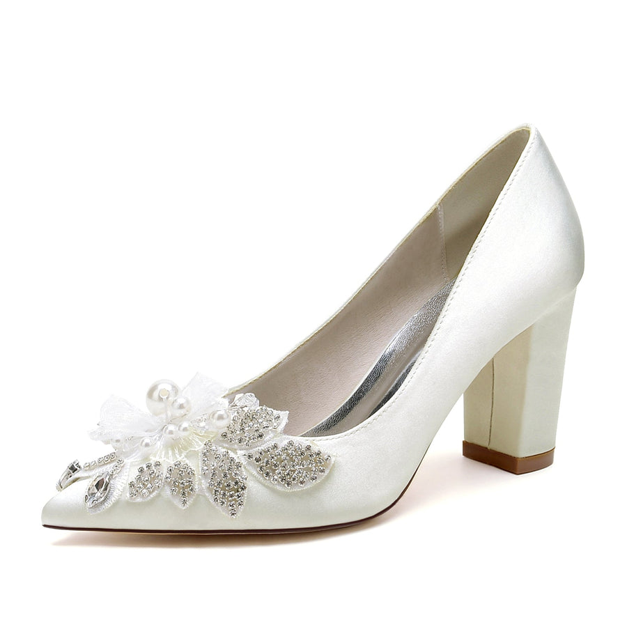 Damen Seidensatin mit Blumen-Strass Geschlossene Zehenpartie Blockabsatz Abendschuhe