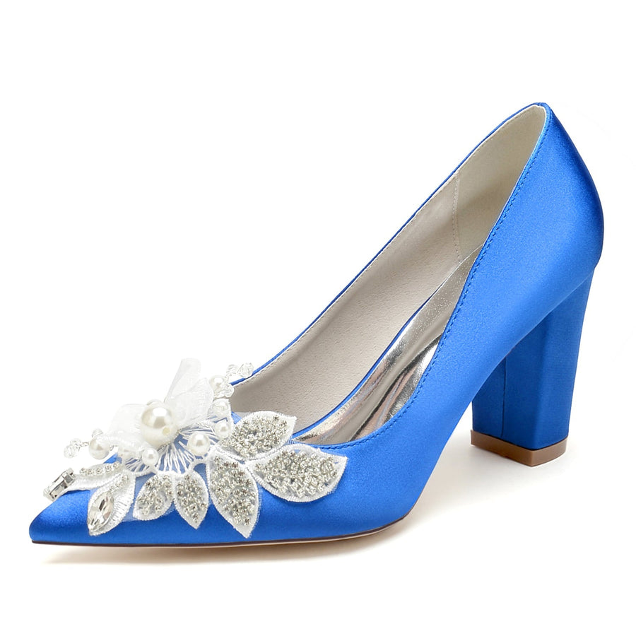 Damen Seidensatin mit Blumen-Strass Geschlossene Zehenpartie Blockabsatz Abendschuhe