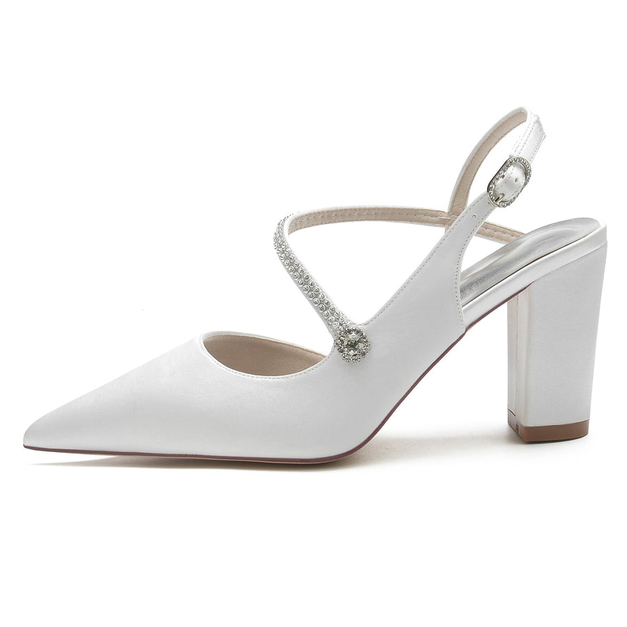 Damen Abendschuhe aus Seidensatin mit Knöchelriemen und Strasssteinen, geschlossene Zehenpartie, klobiger Absatz