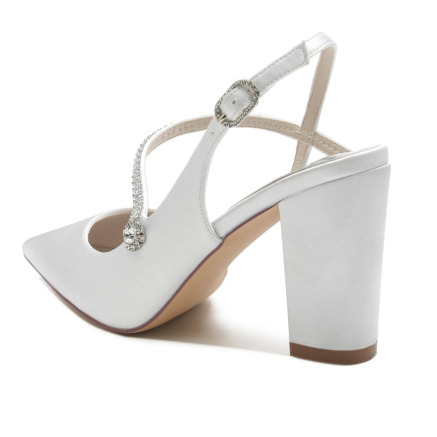 Damen Abendschuhe aus Seidensatin mit Knöchelriemen und Strasssteinen, geschlossene Zehenpartie, klobiger Absatz