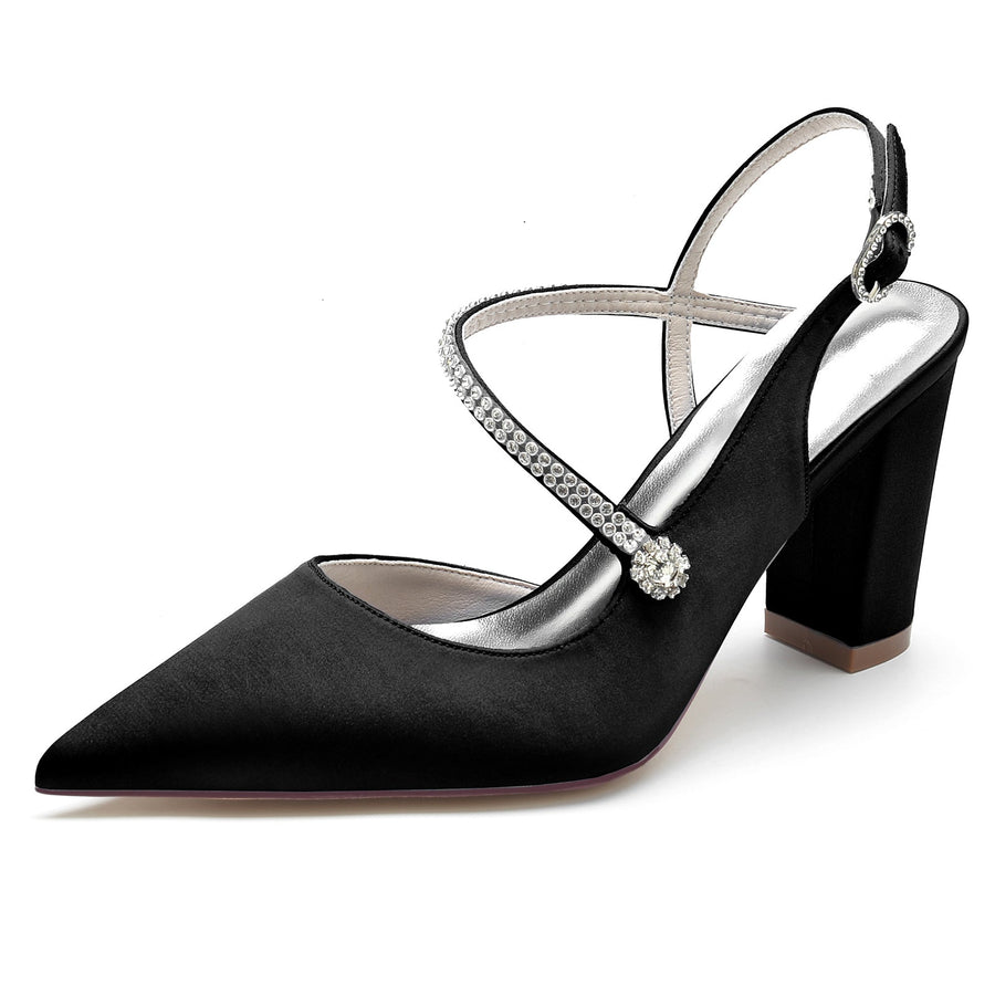 Damen Abendschuhe aus Seidensatin mit Knöchelriemen und Strasssteinen, geschlossene Zehenpartie, klobiger Absatz