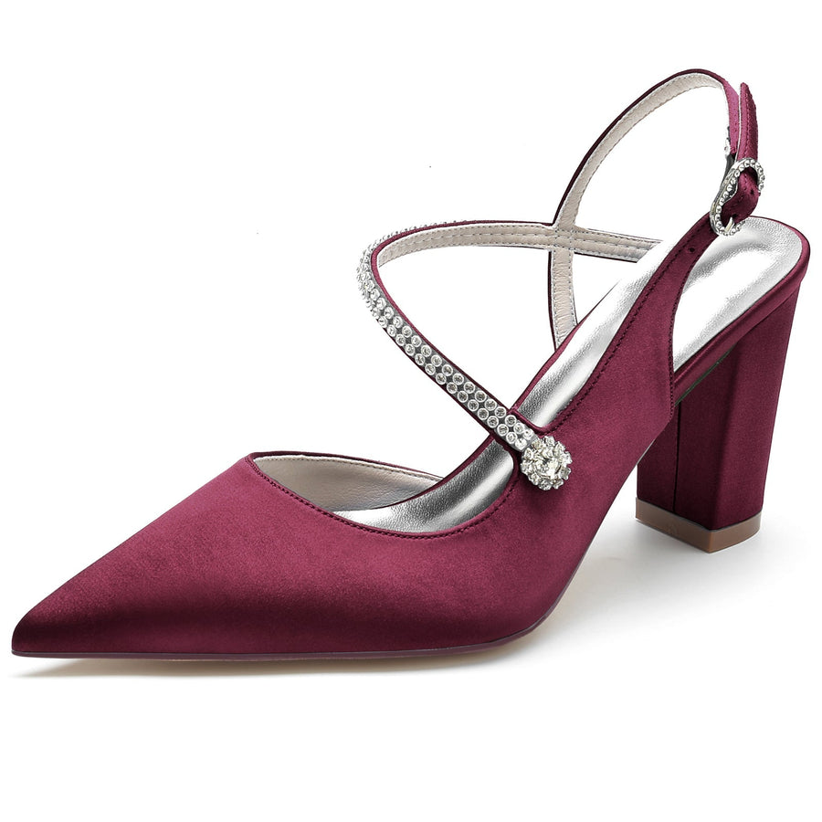 Damen Abendschuhe aus Seidensatin mit Knöchelriemen und Strasssteinen, geschlossene Zehenpartie, klobiger Absatz