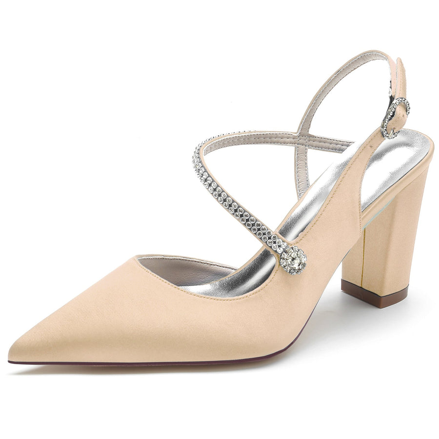 Damen Abendschuhe aus Seidensatin mit Knöchelriemen und Strasssteinen, geschlossene Zehenpartie, klobiger Absatz