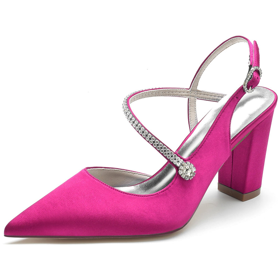 Damen Abendschuhe aus Seidensatin mit Knöchelriemen und Strasssteinen, geschlossene Zehenpartie, klobiger Absatz