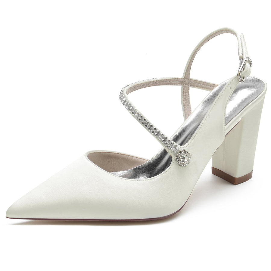 Damen Abendschuhe aus Seidensatin mit Knöchelriemen und Strasssteinen, geschlossene Zehenpartie, klobiger Absatz