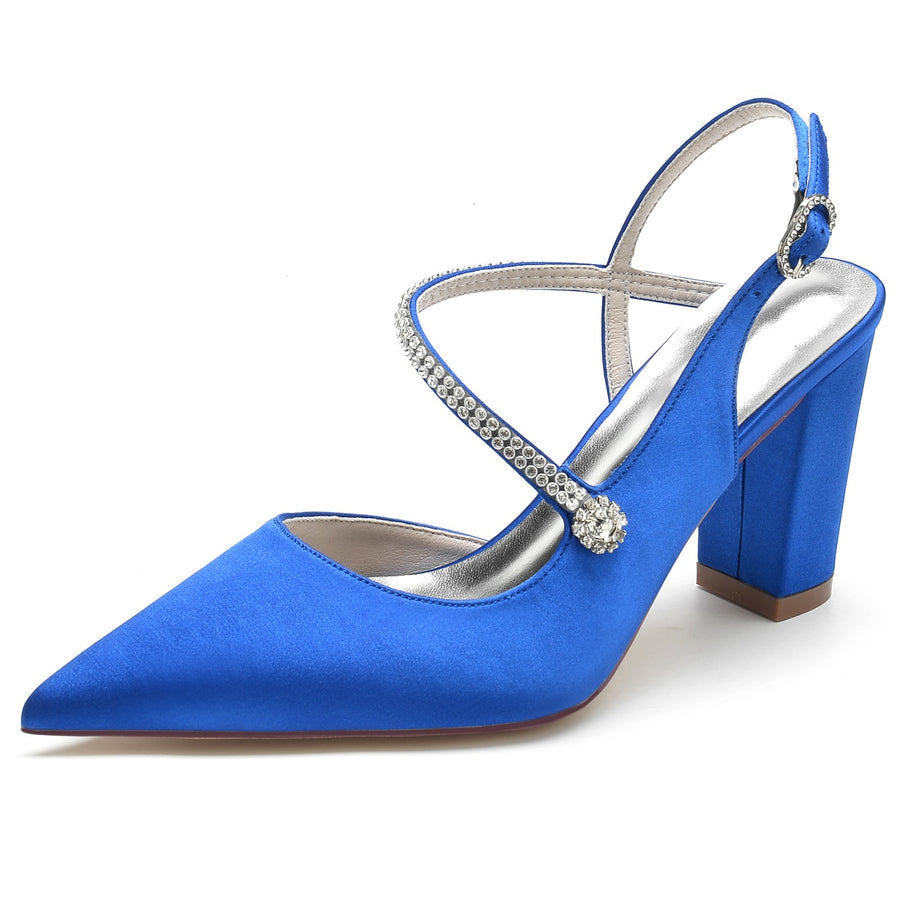 Damen Abendschuhe aus Seidensatin mit Knöchelriemen und Strasssteinen, geschlossene Zehenpartie, klobiger Absatz