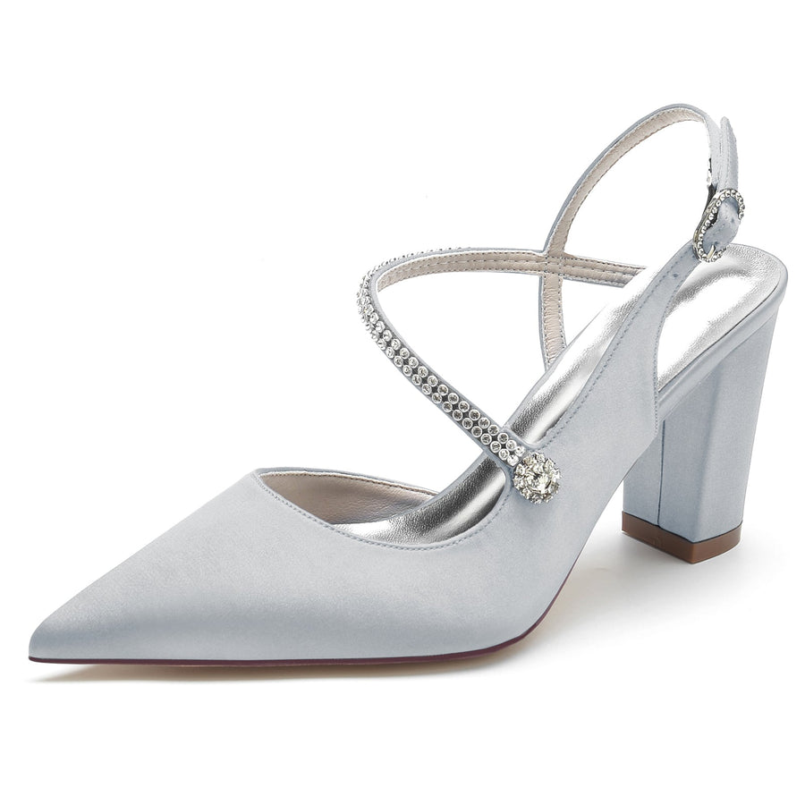 Damen Abendschuhe aus Seidensatin mit Knöchelriemen und Strasssteinen, geschlossene Zehenpartie, klobiger Absatz